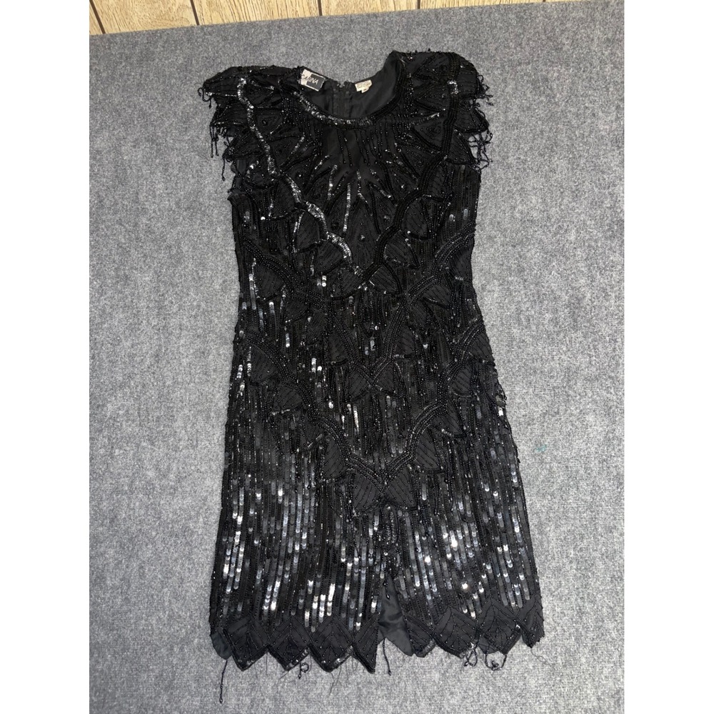 Carina Vintage Black Silk Beaded Sequin Cocktail Dress Scalloped Hem Medium